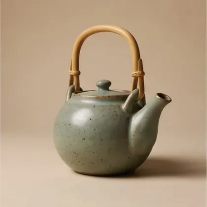 Celadon teapot with bound cane handle, rotated 270 degrees.
