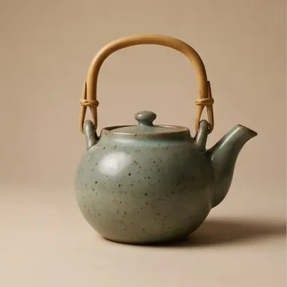 Celadon teapot with bound cane handle, rotated 315 degrees.
